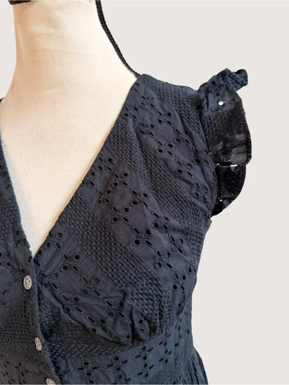 J Crew black lace eyelet button up midi dress